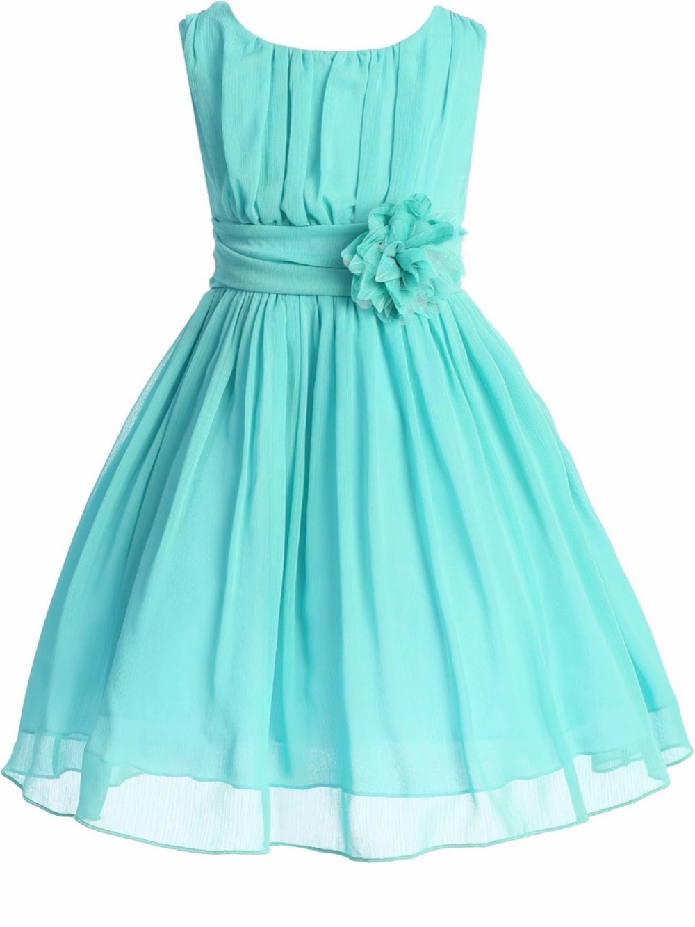 Girls' Aqua Chiffon Flower Waist Party Dress